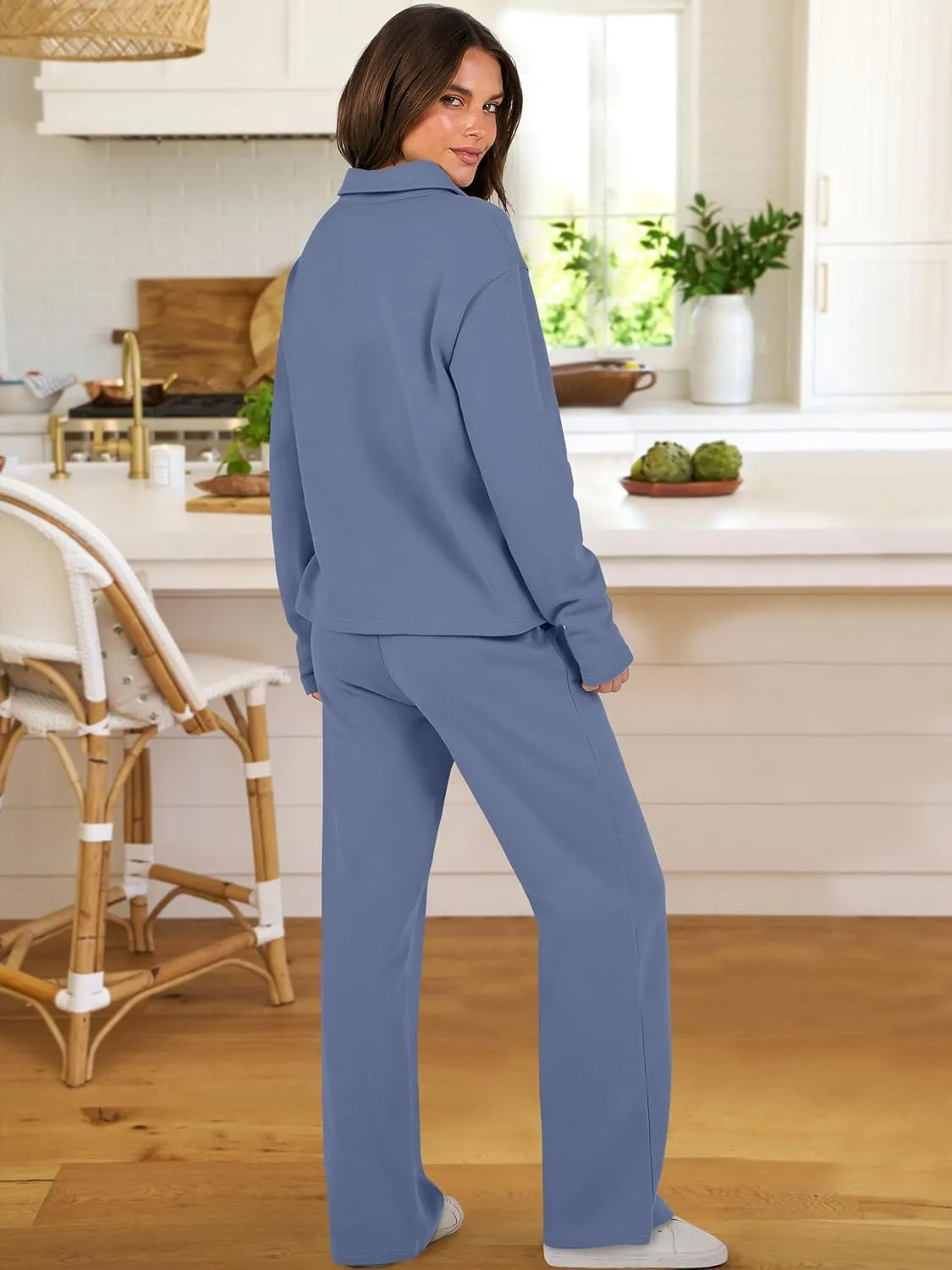 ANRABESS Lounge Sets for Women 2 Piece Outfits Sweatsuit Set Fall V Neck Sweatshirts Wide Leg Pants Tracksuits