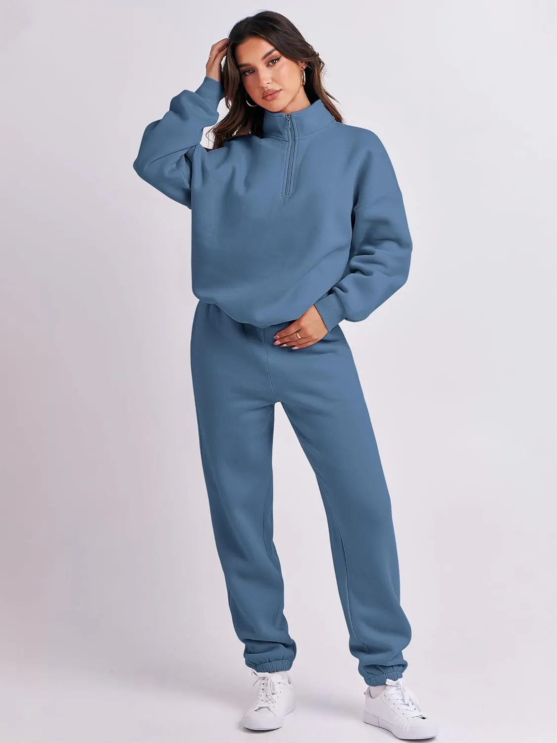 ANRABESS Women 2 Piece Outfits Sweatsuit Oversized Half Zip Sweatshirt Jogger Sweatpants Tracksuit Lounge Set 2024 Clothes