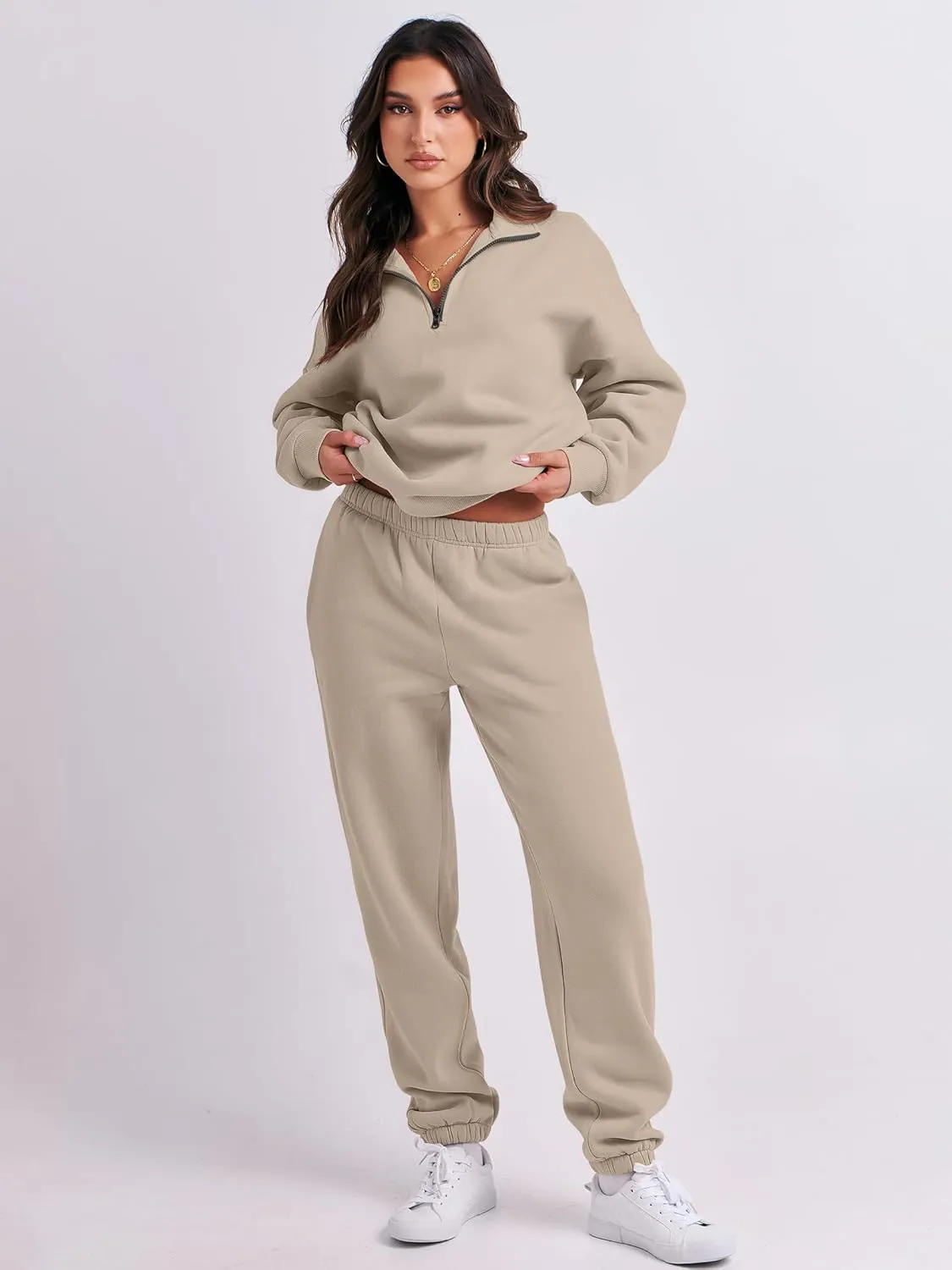 ANRABESS Women 2 Piece Outfits Sweatsuit Oversized Half Zip Sweatshirt Jogger Sweatpants Tracksuit Lounge Set 2025 Clothes