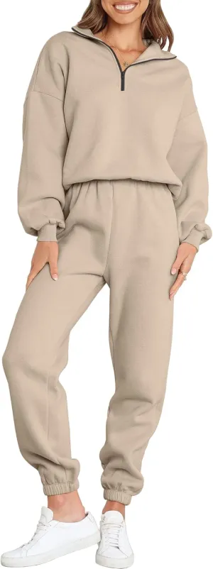 ANRABESS Women 2 Piece Outfits Sweatsuit Oversized Half Zip Sweatshirt Jogger Sweatpants Tracksuit Lounge Set 2025 Clothes