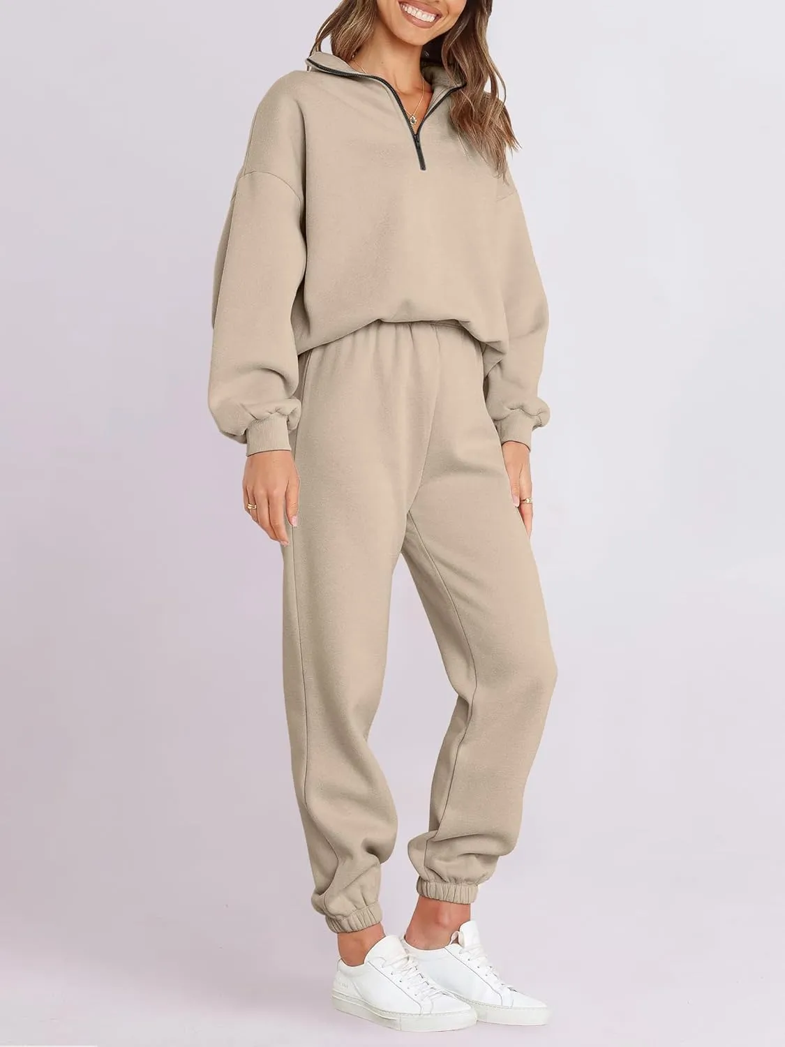 ANRABESS Women 2 Piece Outfits Sweatsuit Oversized Half Zip Sweatshirt Jogger Sweatpants Tracksuit Lounge Set 2025 Clothes
