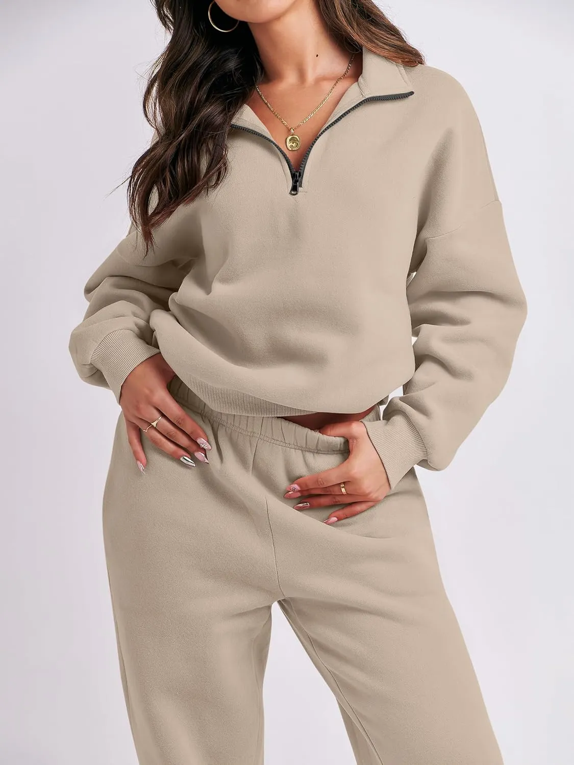 ANRABESS Women 2 Piece Outfits Sweatsuit Oversized Half Zip Sweatshirt Jogger Sweatpants Tracksuit Lounge Set 2025 Clothes