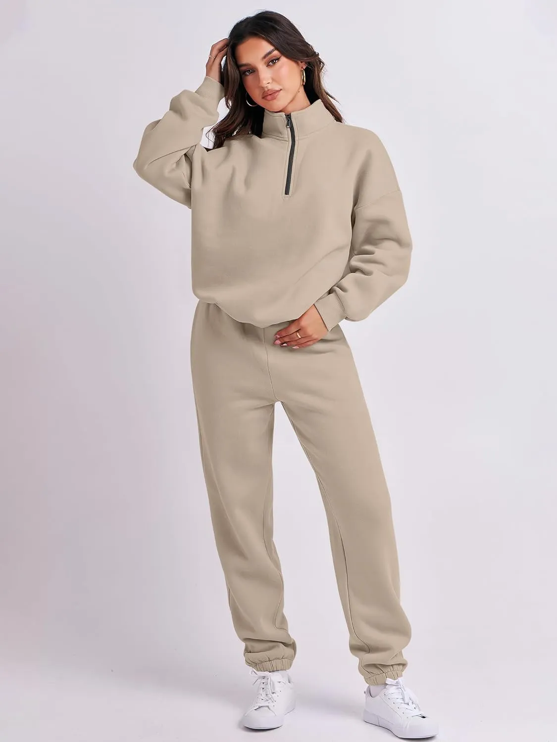 ANRABESS Women 2 Piece Outfits Sweatsuit Oversized Half Zip Sweatshirt Jogger Sweatpants Tracksuit Lounge Set 2025 Clothes