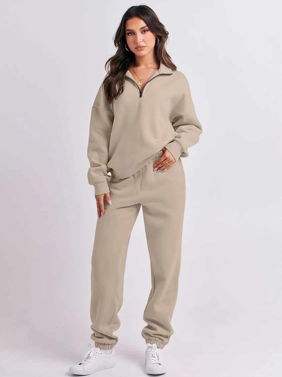 ANRABESS Women 2 Piece Outfits Sweatsuit Oversized Half Zip Sweatshirt Jogger Sweatpants Tracksuit Lounge Set 2025 Clothes