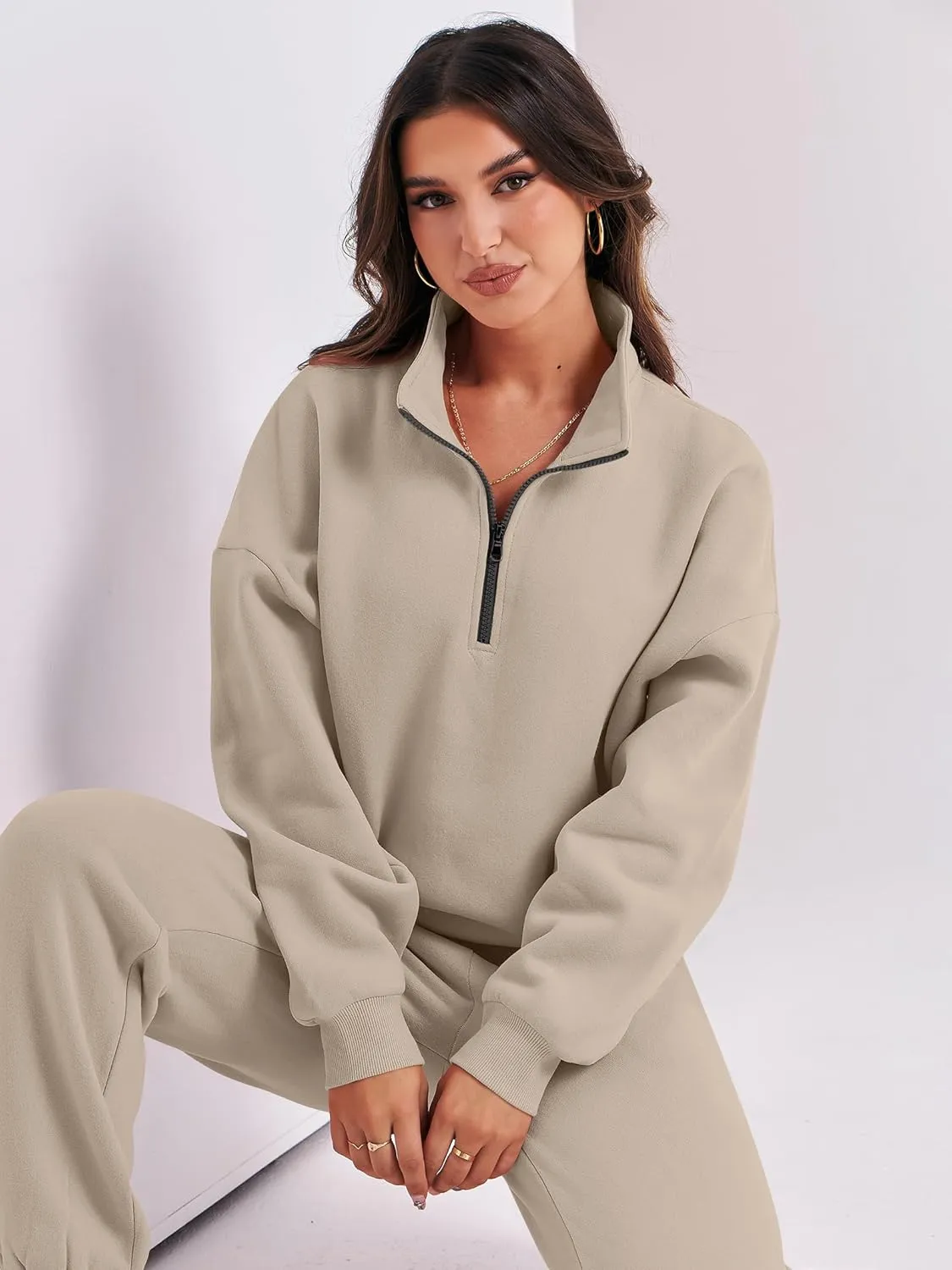 ANRABESS Women 2 Piece Outfits Sweatsuit Oversized Half Zip Sweatshirt Jogger Sweatpants Tracksuit Lounge Set 2025 Clothes