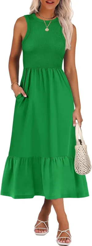 ANRABESS Women Midi Dresses 2025 Summer Casual Sleeveless Sundress High Neck Tank Top Racerback Flowy Beach Dress  Pockets