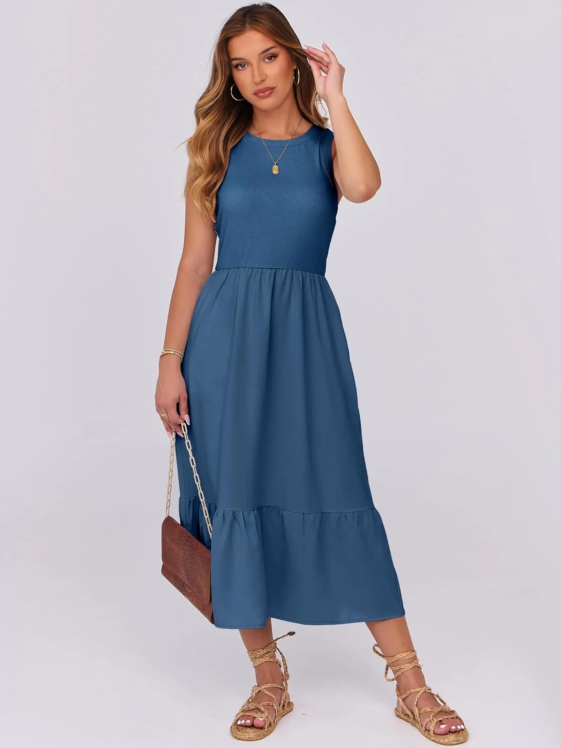ANRABESS Women Midi Dresses 2025 Summer Casual Sleeveless Sundress High Neck Tank Top Racerback Flowy Beach Dress  Pockets