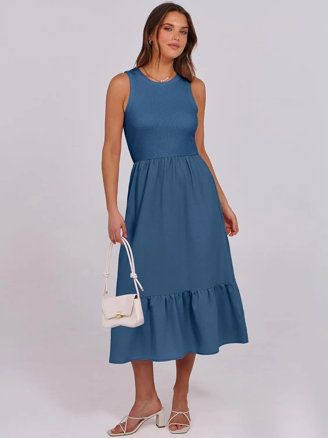 ANRABESS Women Midi Dresses 2025 Summer Casual Sleeveless Sundress High Neck Tank Top Racerback Flowy Beach Dress  Pockets