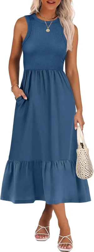 ANRABESS Women Midi Dresses 2025 Summer Casual Sleeveless Sundress High Neck Tank Top Racerback Flowy Beach Dress  Pockets
