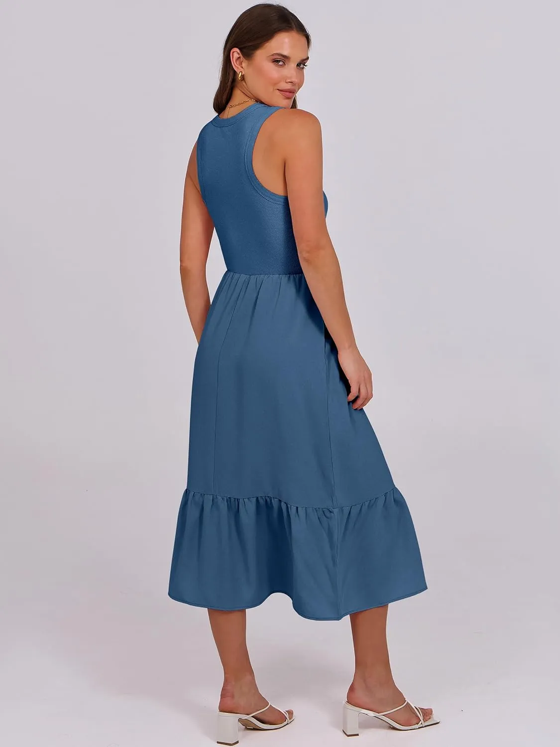 ANRABESS Women Midi Dresses 2025 Summer Casual Sleeveless Sundress High Neck Tank Top Racerback Flowy Beach Dress  Pockets