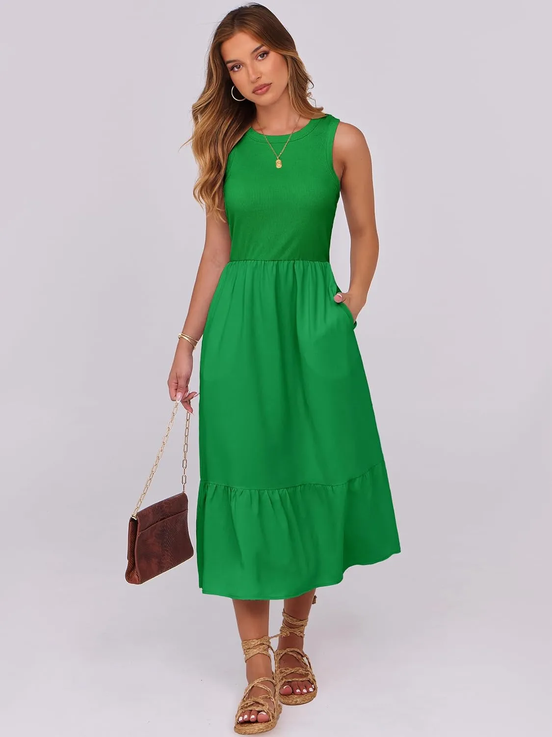 ANRABESS Women Midi Dresses 2025 Summer Casual Sleeveless Sundress High Neck Tank Top Racerback Flowy Beach Dress  Pockets