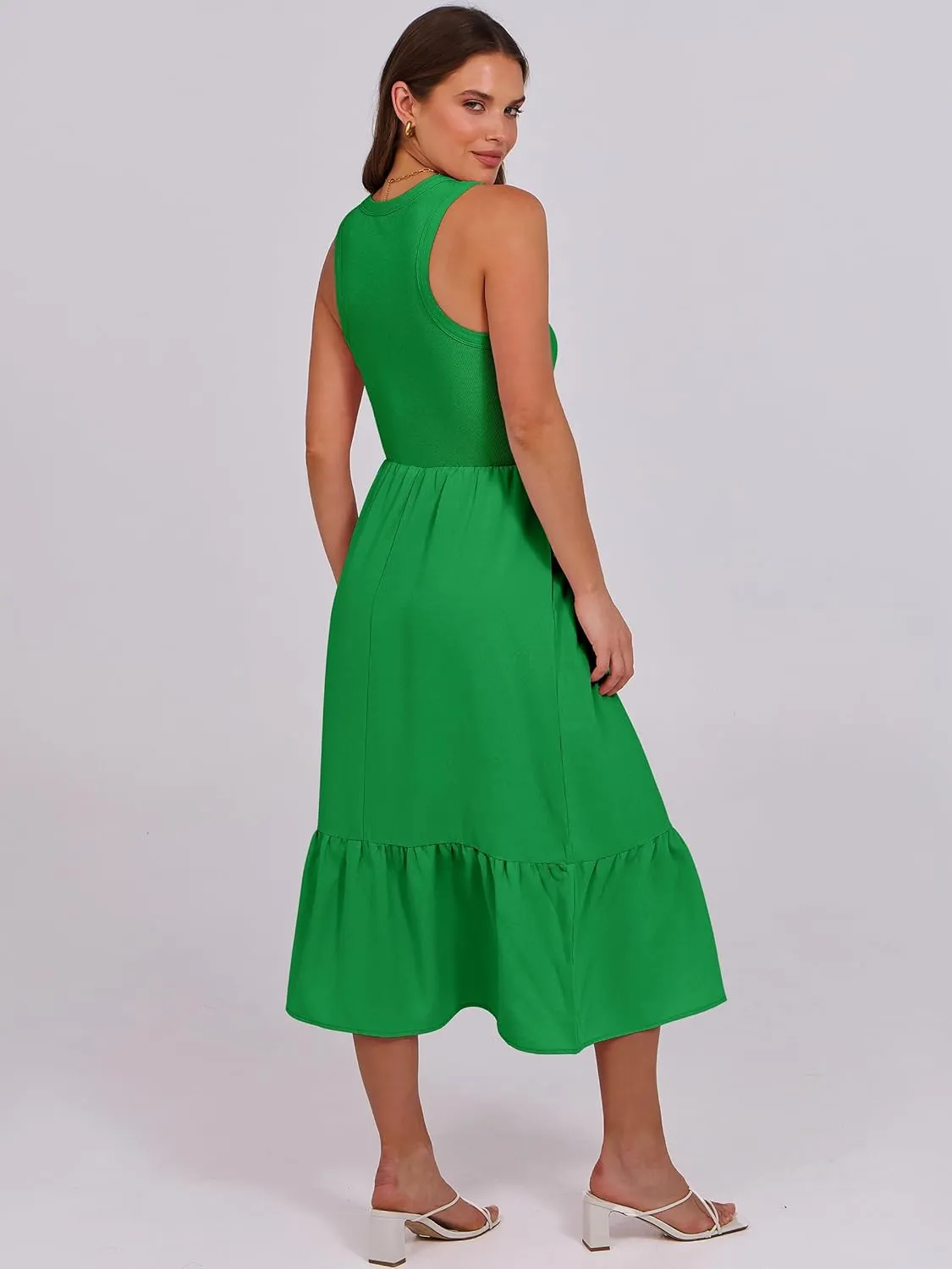 ANRABESS Women Midi Dresses 2025 Summer Casual Sleeveless Sundress High Neck Tank Top Racerback Flowy Beach Dress  Pockets