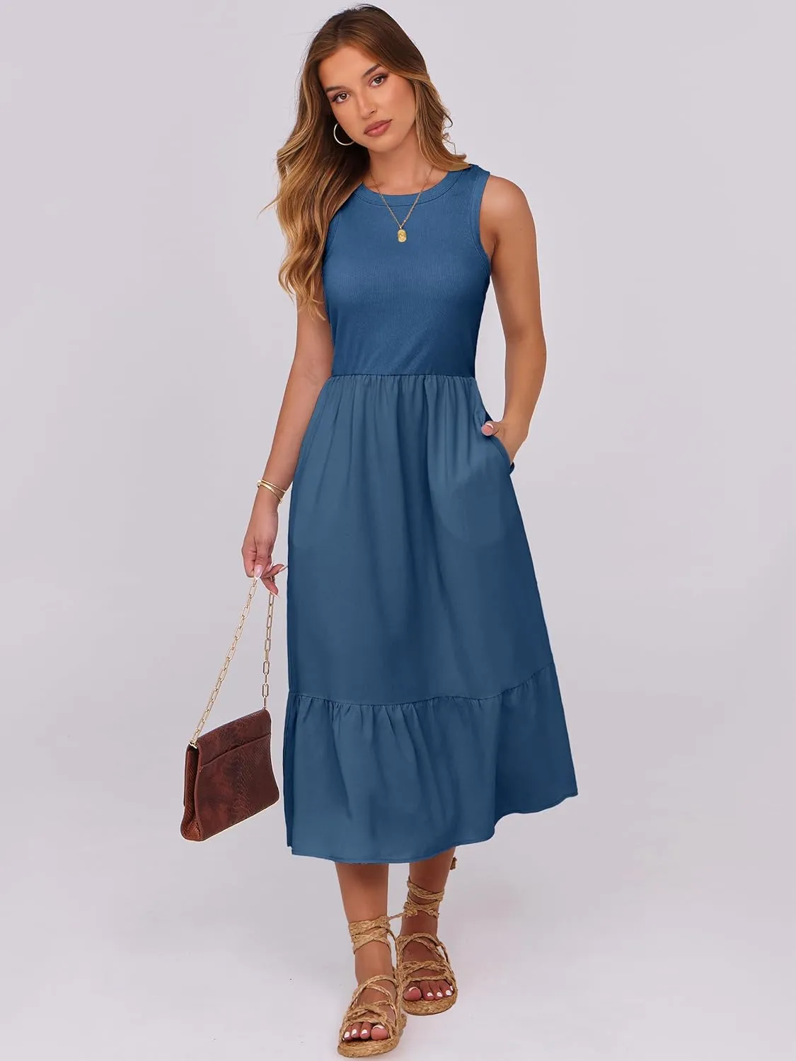 ANRABESS Women Midi Dresses 2025 Summer Casual Sleeveless Sundress High Neck Tank Top Racerback Flowy Beach Dress  Pockets