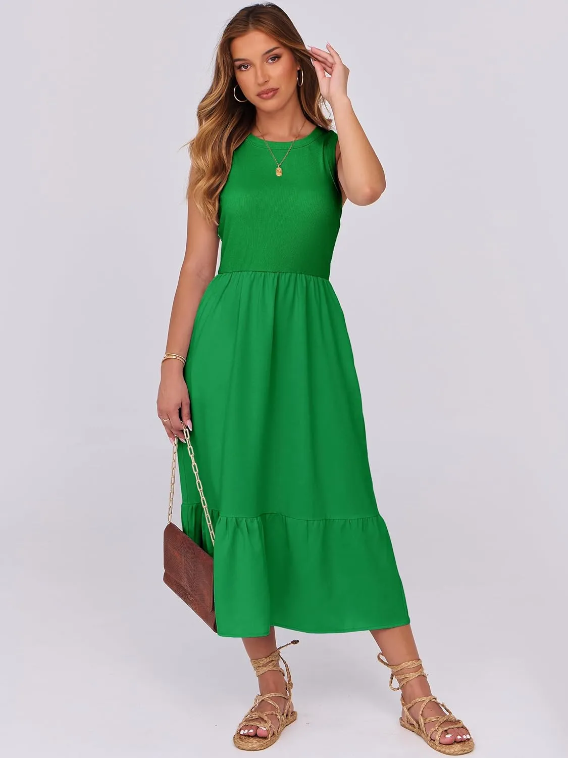 ANRABESS Women Midi Dresses 2025 Summer Casual Sleeveless Sundress High Neck Tank Top Racerback Flowy Beach Dress  Pockets