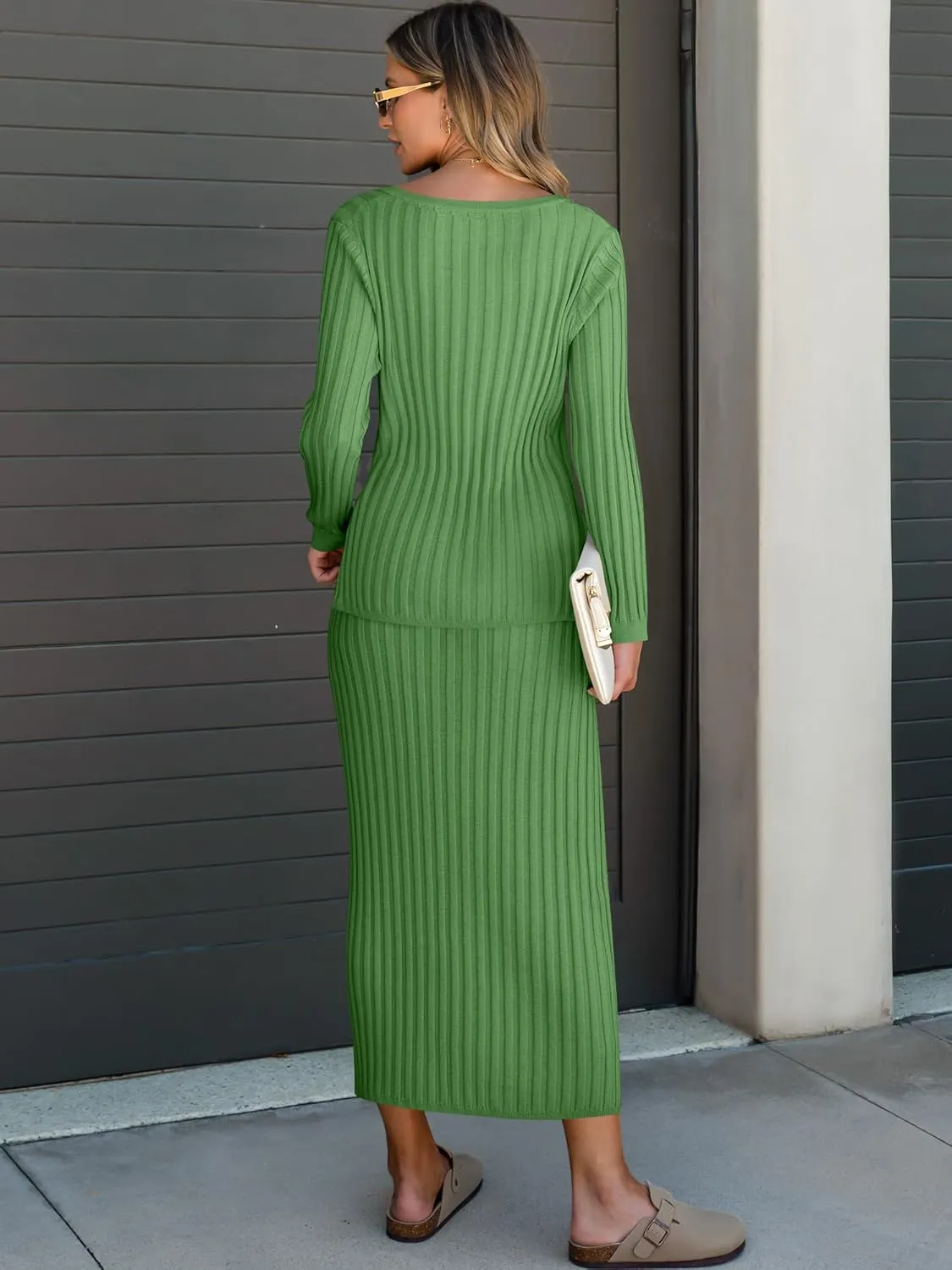 ANRABESS Women's 2 Piece Outfits Sweater Skirt Sets Casual Long Sleeve V Neck Ribbed Knit Tops Midi Dress 2024 Fall Fashion
