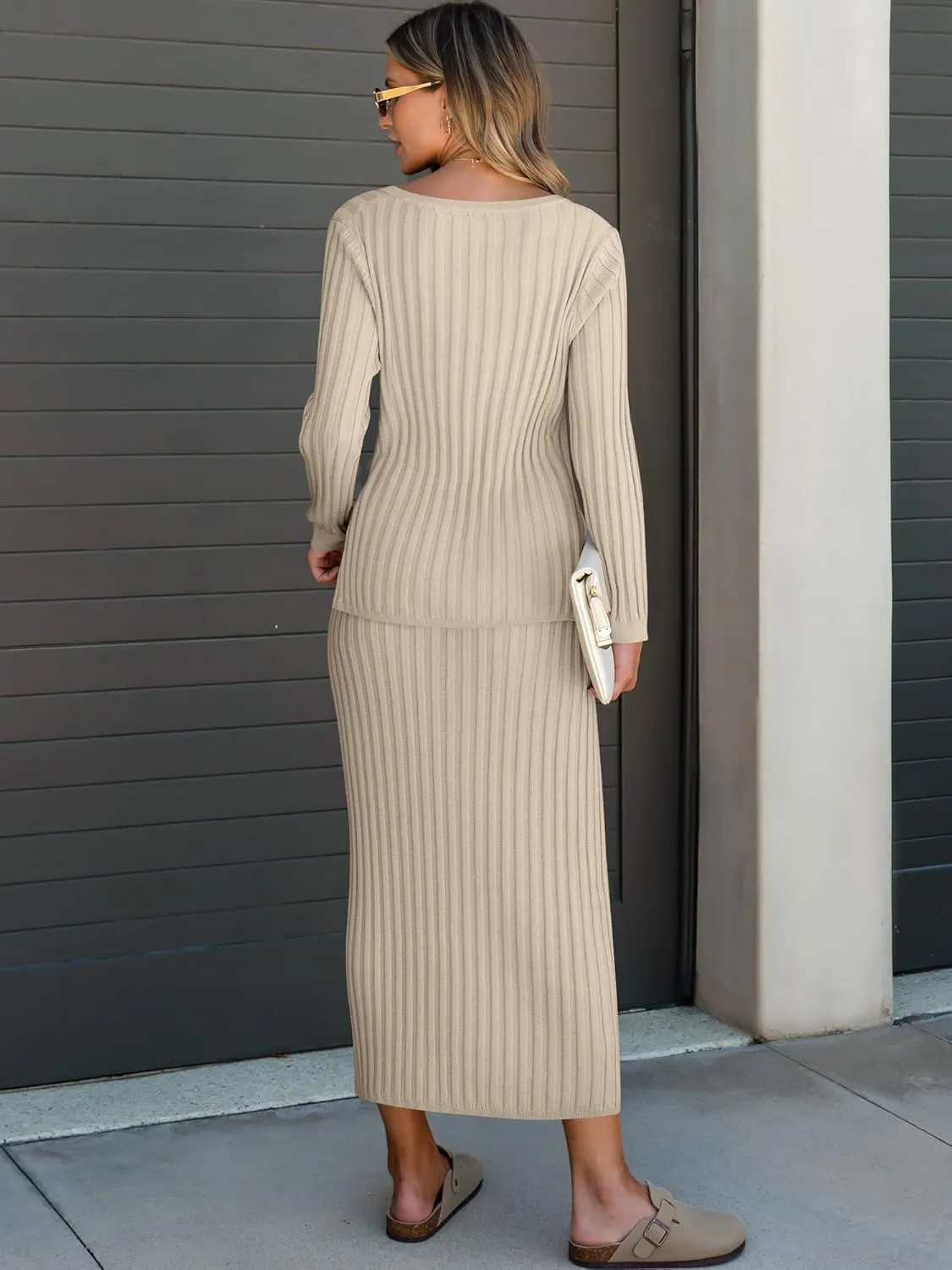 ANRABESS Women's 2 Piece Outfits Sweater Skirt Sets Casual Long Sleeve V Neck Ribbed Knit Tops Midi Dress 2024 Fall Fashion