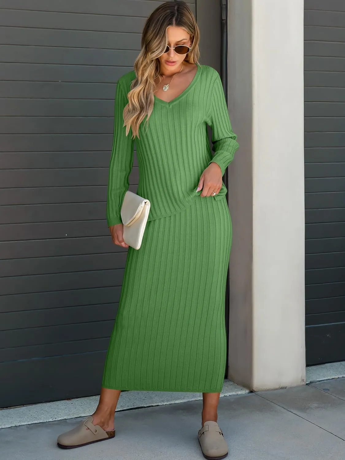 ANRABESS Women's 2 Piece Outfits Sweater Skirt Sets Casual Long Sleeve V Neck Ribbed Knit Tops Midi Dress 2024 Fall Fashion