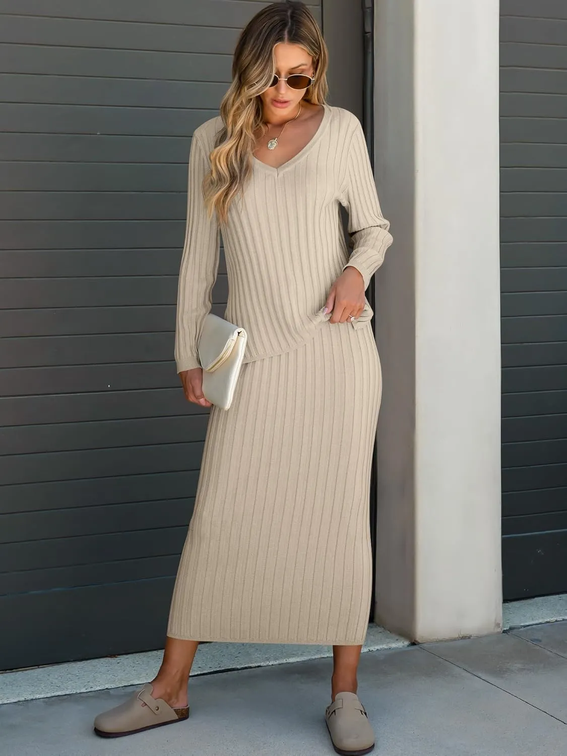 ANRABESS Women's 2 Piece Outfits Sweater Skirt Sets Casual Long Sleeve V Neck Ribbed Knit Tops Midi Dress 2024 Fall Fashion