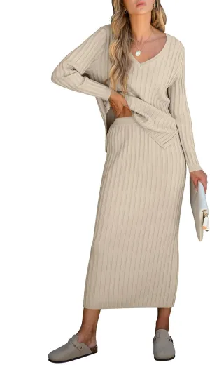 ANRABESS Women's 2 Piece Outfits Sweater Skirt Sets Casual Long Sleeve V Neck Ribbed Knit Tops Midi Dress 2024 Fall Fashion