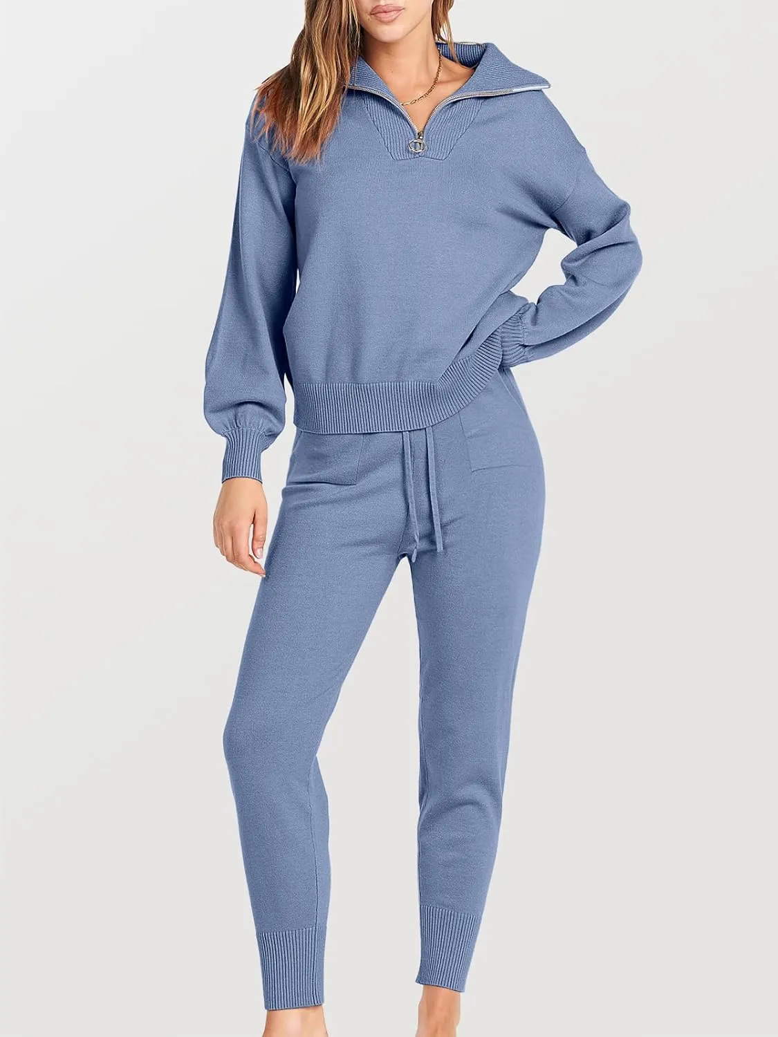 ANRABESS Women's Two Piece Outfits Sweater Sets Long Sleeve Zip Up Knit Pullover Jogger Pants Tracksuit 2024 Fall Lounge Sets
