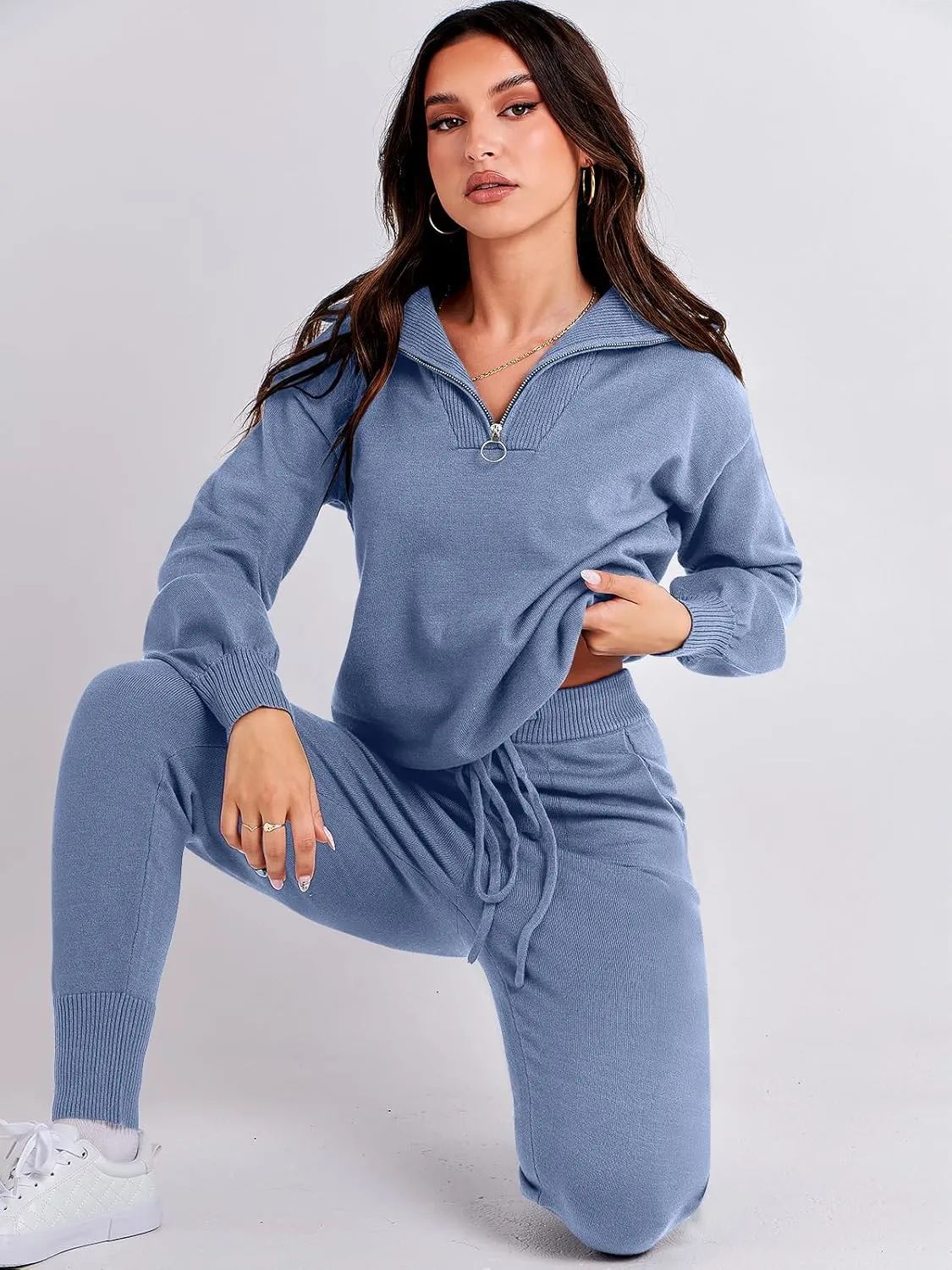 ANRABESS Women's Two Piece Outfits Sweater Sets Long Sleeve Zip Up Knit Pullover Jogger Pants Tracksuit 2024 Fall Lounge Sets