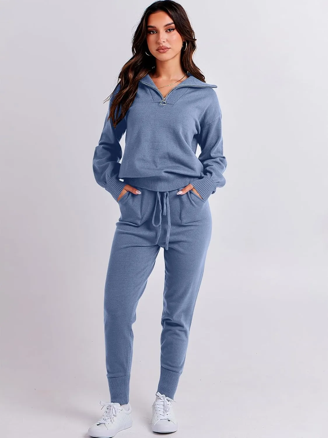 ANRABESS Women's Two Piece Outfits Sweater Sets Long Sleeve Zip Up Knit Pullover Jogger Pants Tracksuit 2024 Fall Lounge Sets