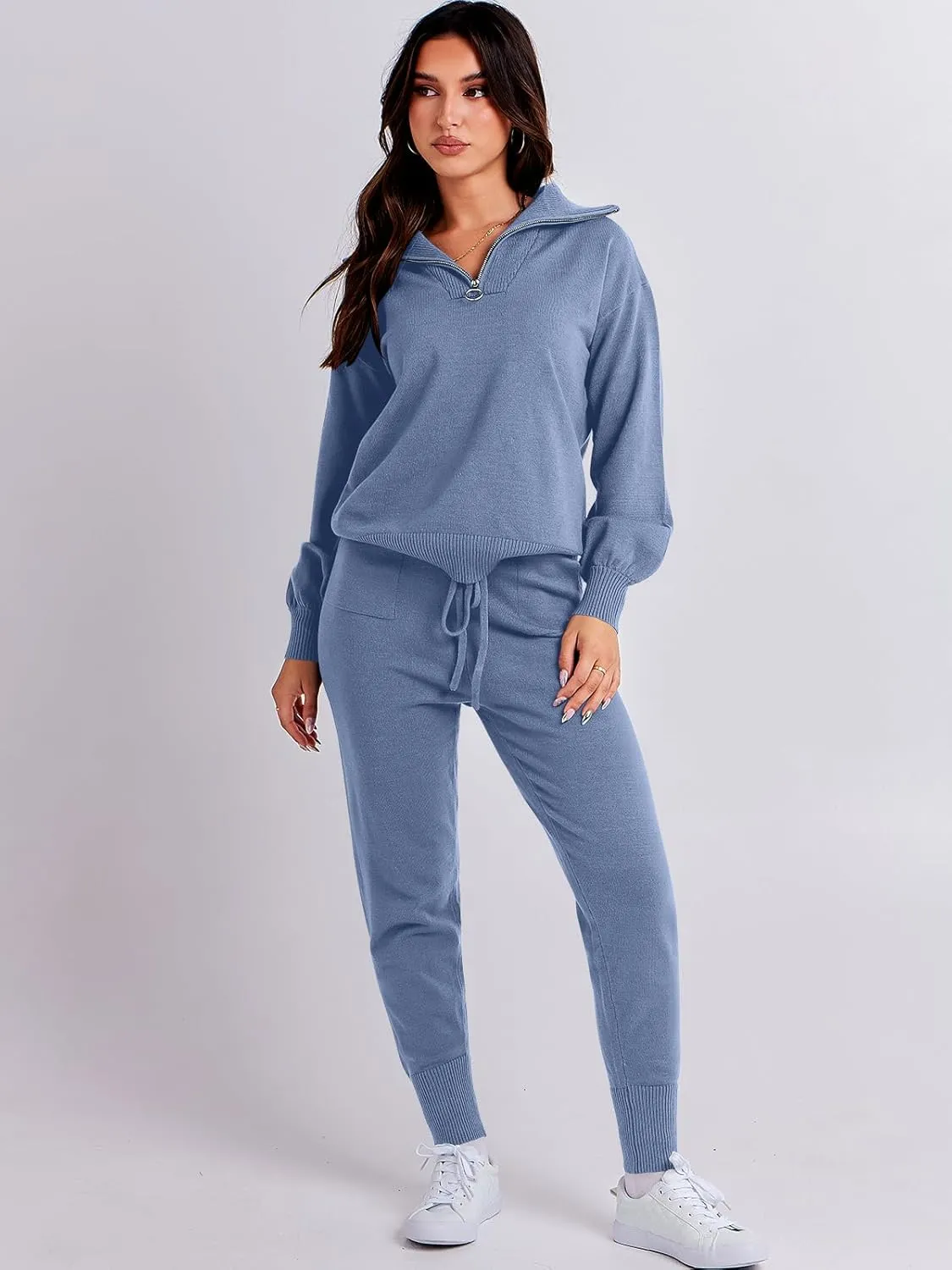 ANRABESS Women's Two Piece Outfits Sweater Sets Long Sleeve Zip Up Knit Pullover Jogger Pants Tracksuit 2024 Fall Lounge Sets