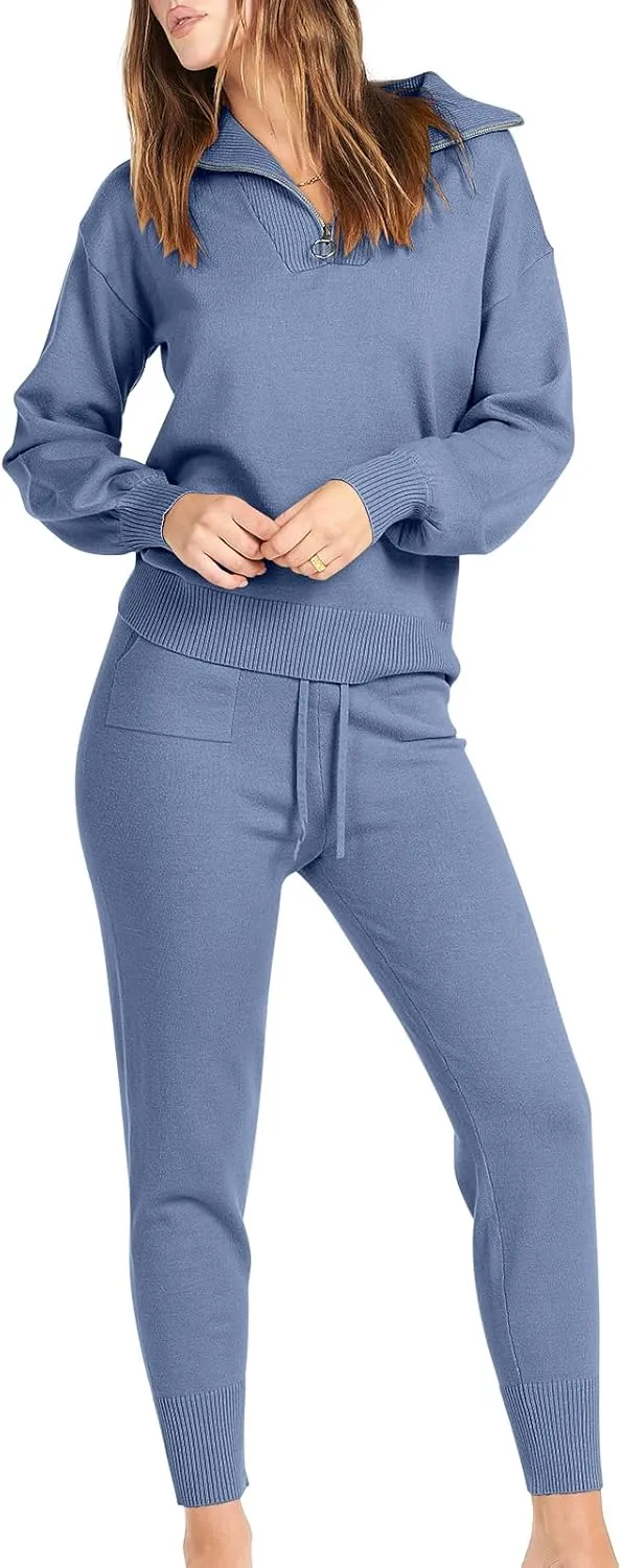 ANRABESS Women's Two Piece Outfits Sweater Sets Long Sleeve Zip Up Knit Pullover Jogger Pants Tracksuit 2024 Fall Lounge Sets