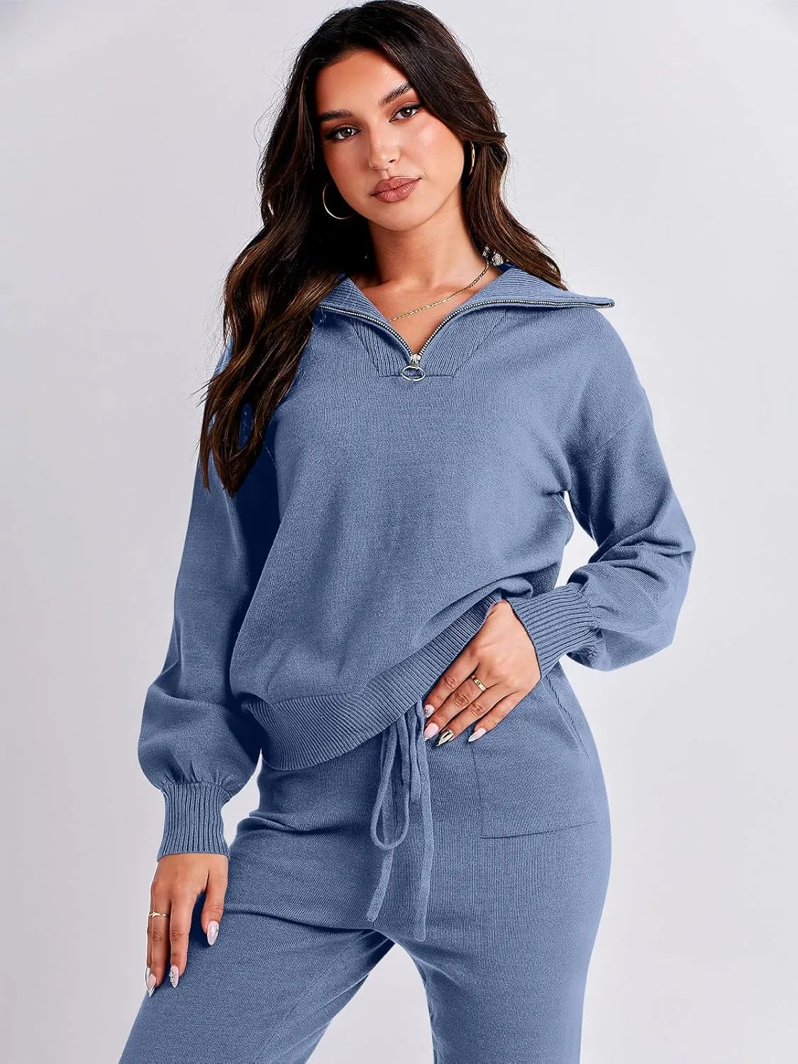 ANRABESS Women's Two Piece Outfits Sweater Sets Long Sleeve Zip Up Knit Pullover Jogger Pants Tracksuit 2024 Fall Lounge Sets