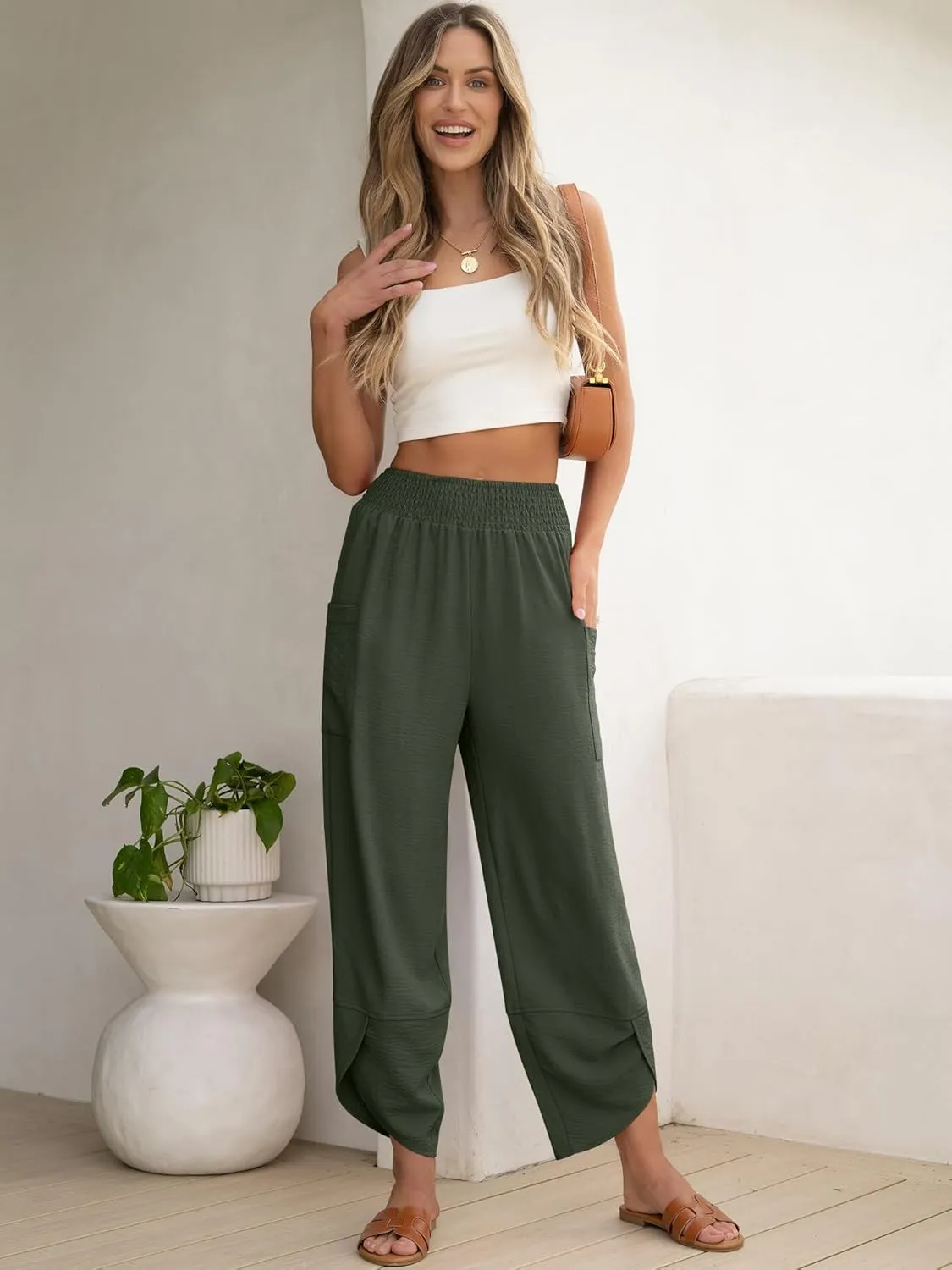 ANRABESS Womens Wide Leg Palazzo Capri Pants 2025 Summer Casual Loose High Waisted Lounge Flowy Cropped Beach Work Trousers