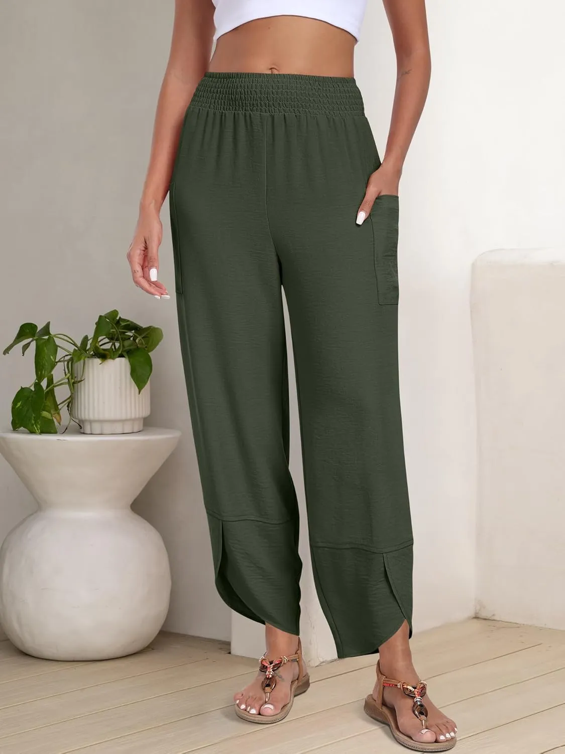 ANRABESS Womens Wide Leg Palazzo Capri Pants 2025 Summer Casual Loose High Waisted Lounge Flowy Cropped Beach Work Trousers