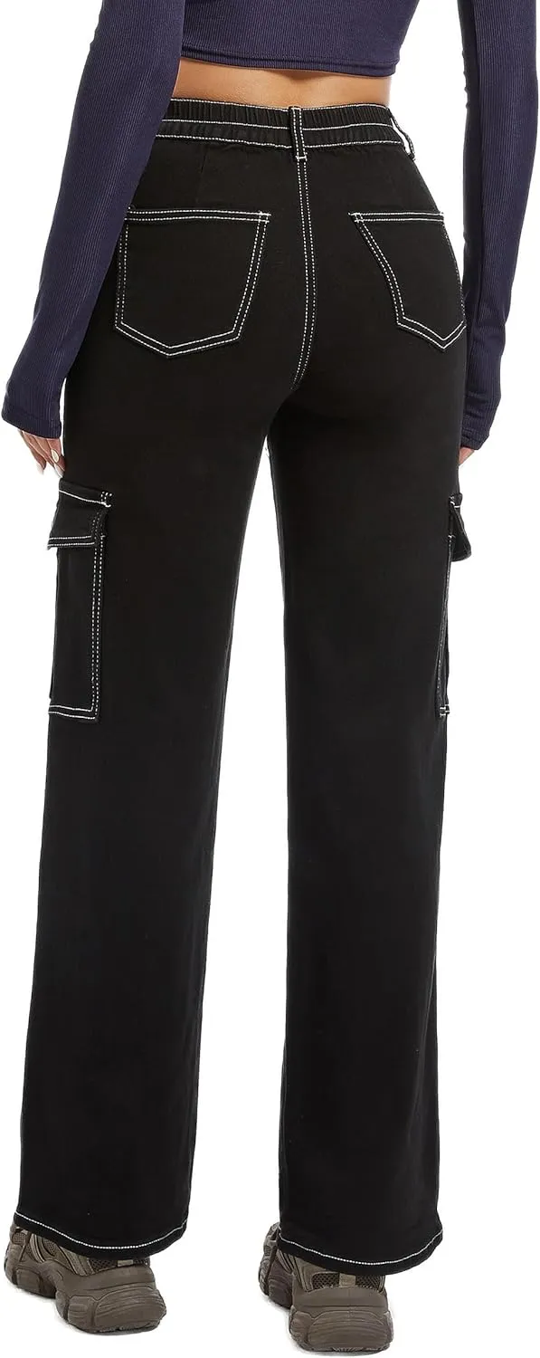 Aodrusa Brown Pants for Women High Waisted Stretch Straight Leg Cargo Pants with Pockets Trendy Trousers