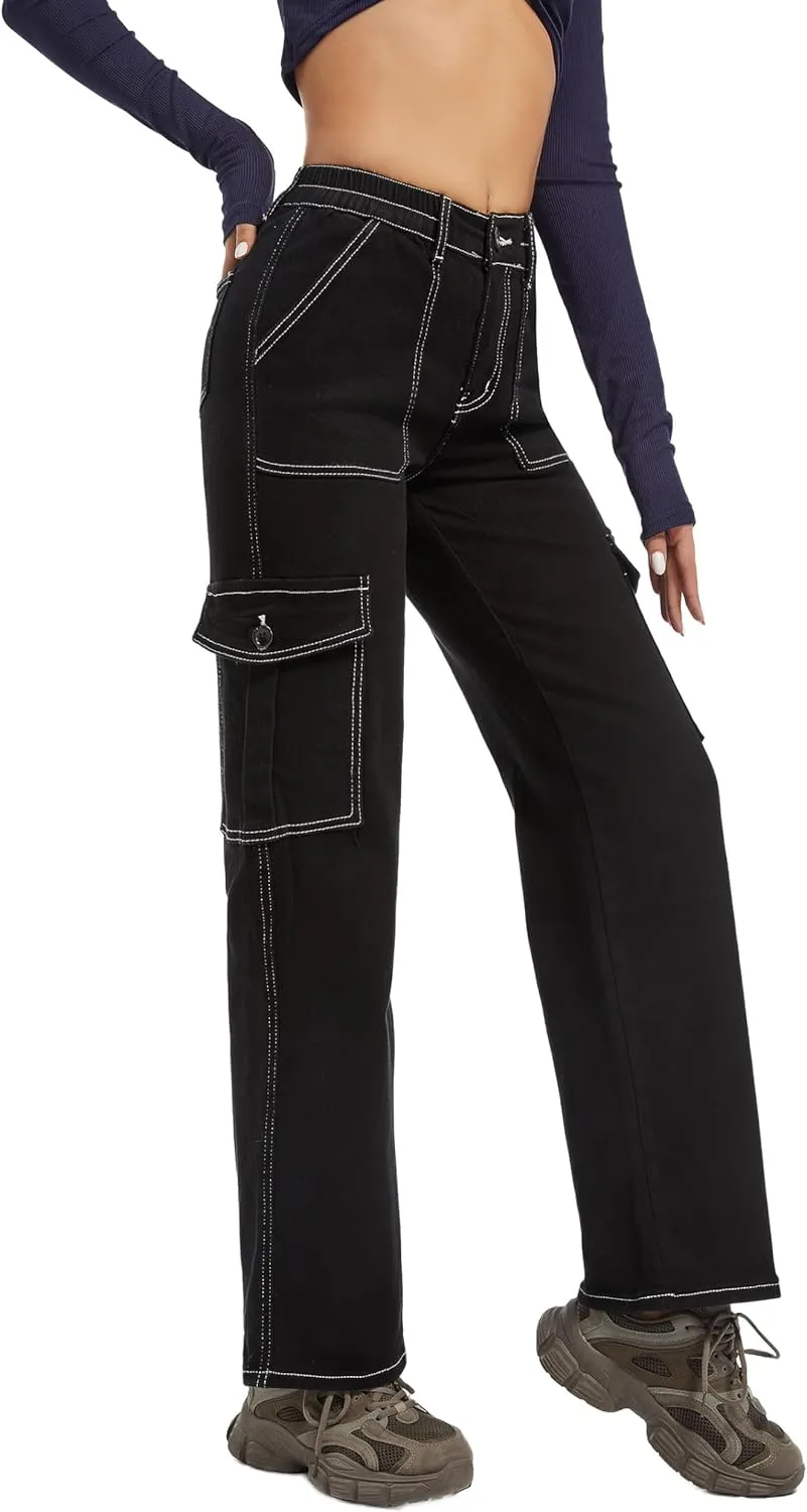 Aodrusa Brown Pants for Women High Waisted Stretch Straight Leg Cargo Pants with Pockets Trendy Trousers