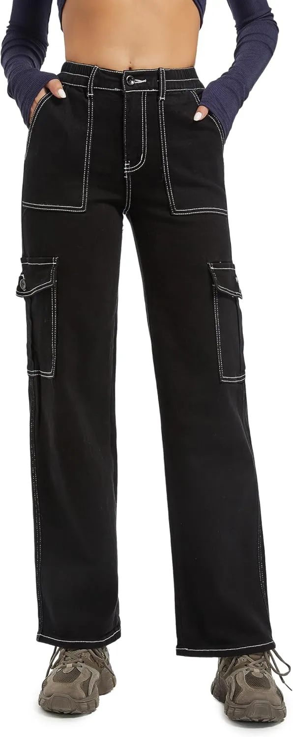 Aodrusa Brown Pants for Women High Waisted Stretch Straight Leg Cargo Pants with Pockets Trendy Trousers
