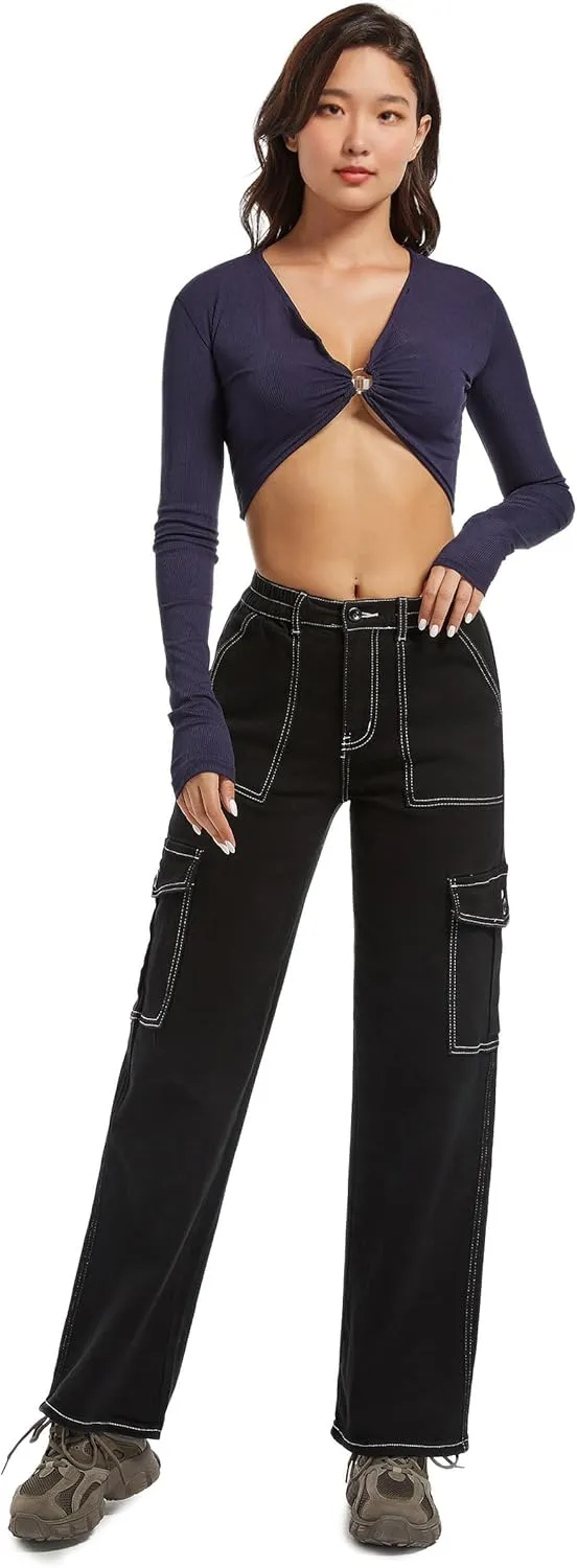 Aodrusa Brown Pants for Women High Waisted Stretch Straight Leg Cargo Pants with Pockets Trendy Trousers