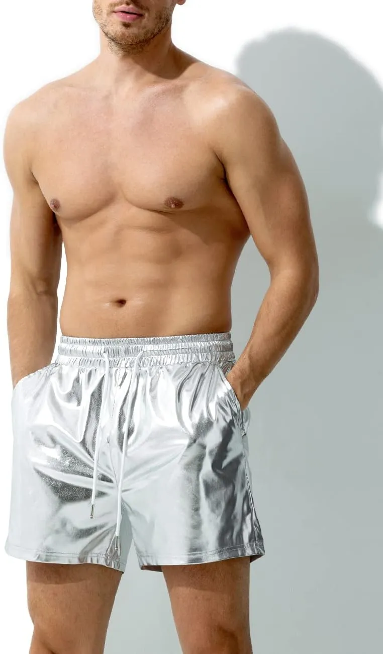 Arjen Kroos Men's Metallic Shorts Sexy Rave Hot Short with Side Pockets and Drawstrings