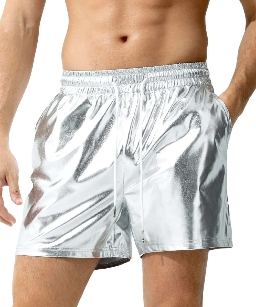Arjen Kroos Men's Metallic Shorts Sexy Rave Hot Short with Side Pockets and Drawstrings