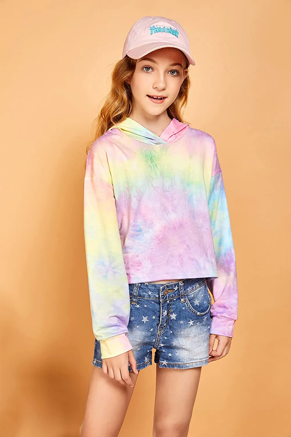 Arshiner Girls Crop Tops Tie-Dye Hoodies Kids Long Sleeve Sweatshirts