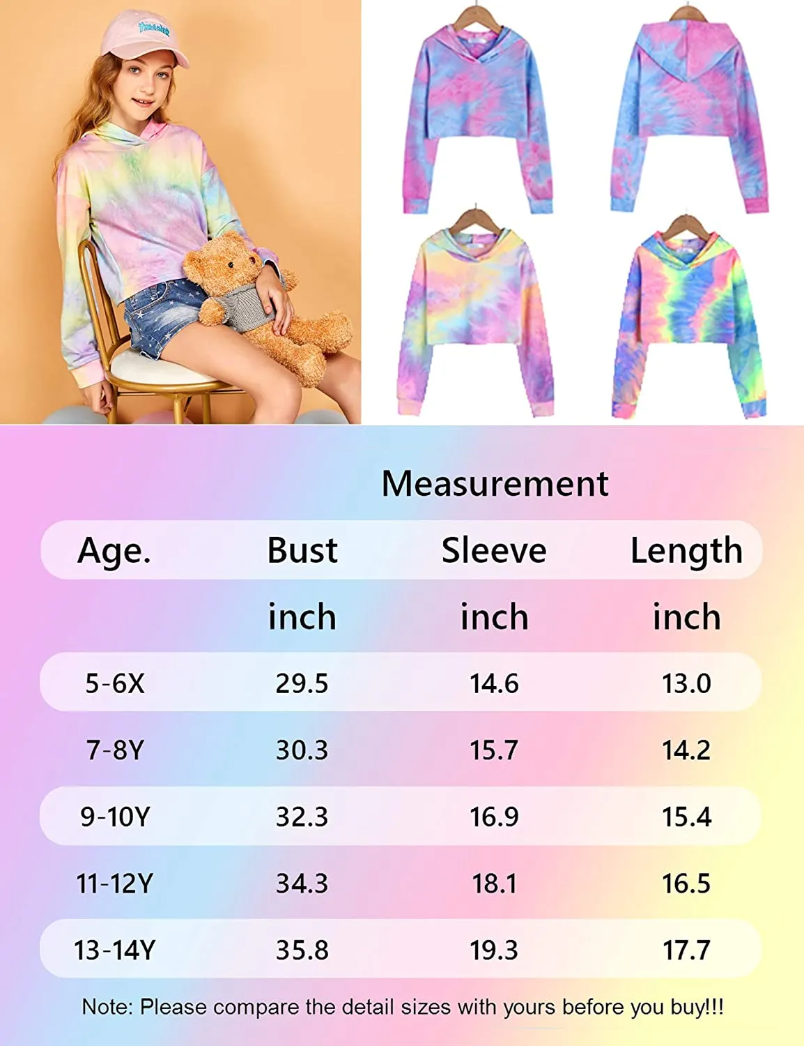 Arshiner Girls Crop Tops Tie-Dye Hoodies Kids Long Sleeve Sweatshirts