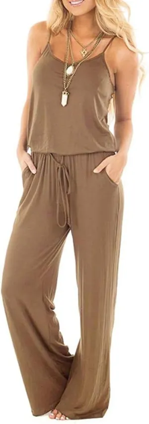 Artfish Women Casual Sleeveless Spaghetti Strap Striped Lounge Pajama Jumpsuit