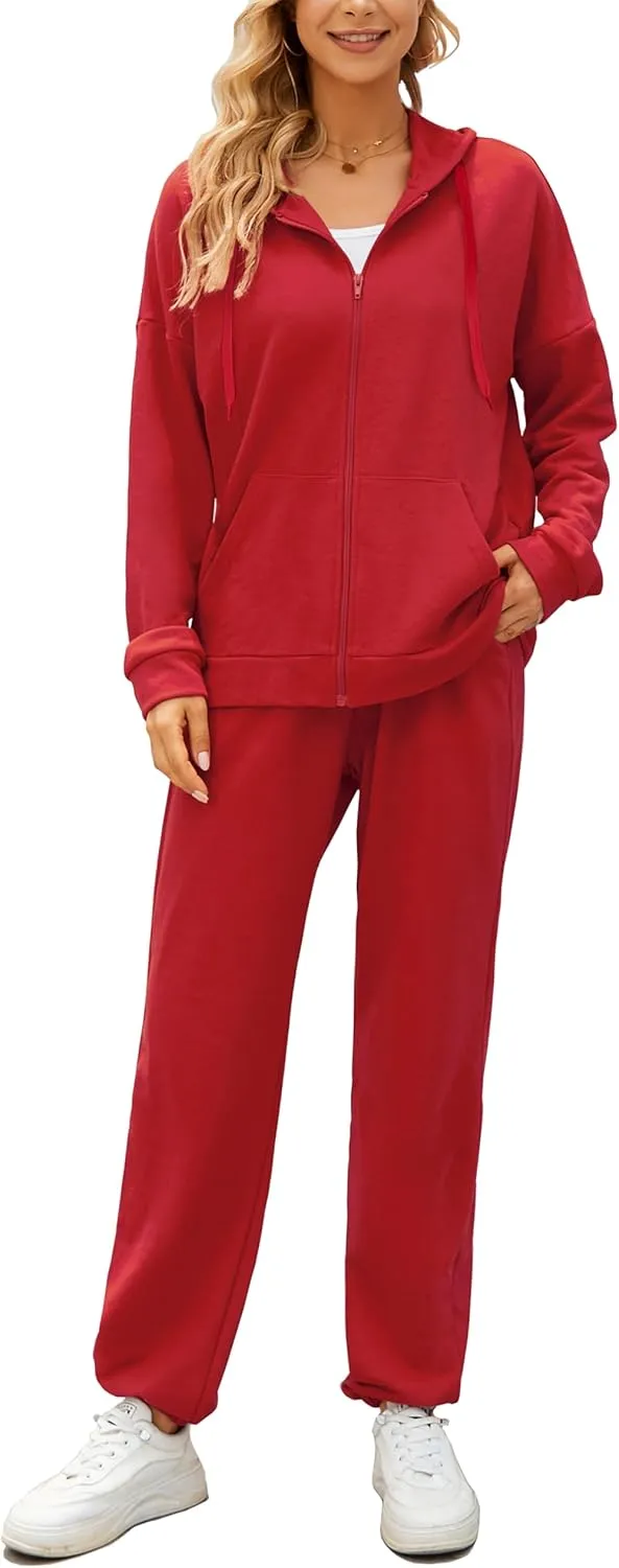 AUXDIO Women 2 Piece Outfits Tracksuit Casual Zip Up Hoodie Sweatsuits Jogging Long Pant Set