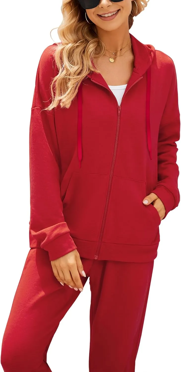 AUXDIO Women 2 Piece Outfits Tracksuit Casual Zip Up Hoodie Sweatsuits Jogging Long Pant Set