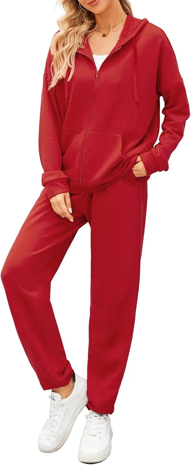 AUXDIO Women 2 Piece Outfits Tracksuit Casual Zip Up Hoodie Sweatsuits Jogging Long Pant Set