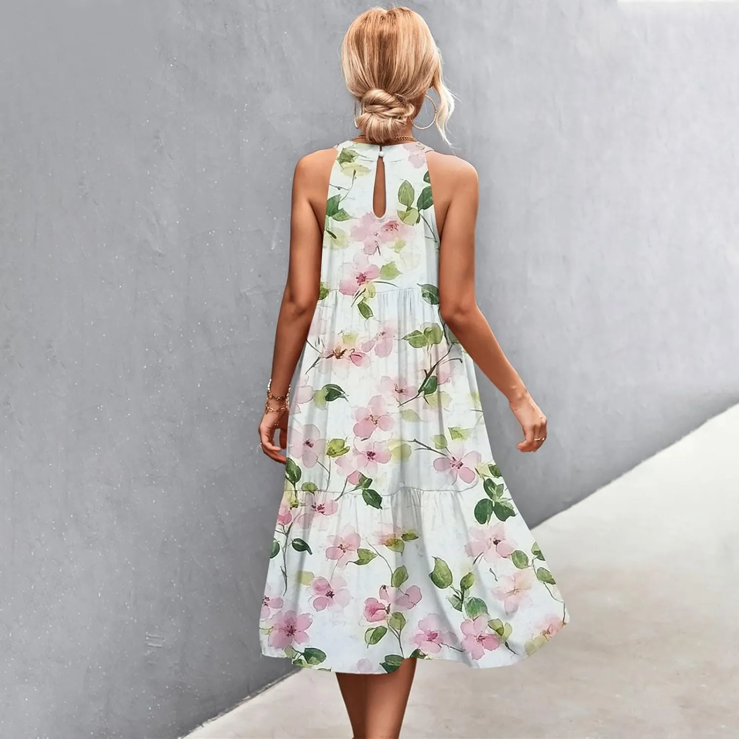 Azeralia Womens Spring Summer 2025 Sleeveless Casual Hanging Neck Beach Dresses Printed Loose Splicing Long Dress