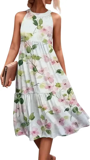 Azeralia Womens Spring Summer 2025 Sleeveless Casual Hanging Neck Beach Dresses Printed Loose Splicing Long Dress