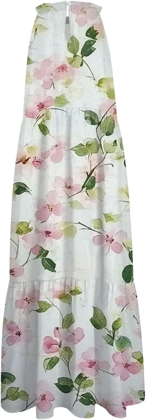 Azeralia Womens Spring Summer 2025 Sleeveless Casual Hanging Neck Beach Dresses Printed Loose Splicing Long Dress