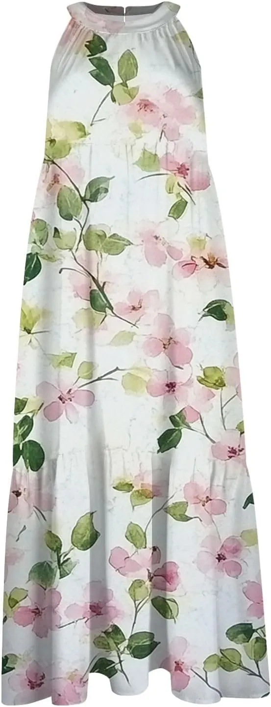 Azeralia Womens Spring Summer 2025 Sleeveless Casual Hanging Neck Beach Dresses Printed Loose Splicing Long Dress