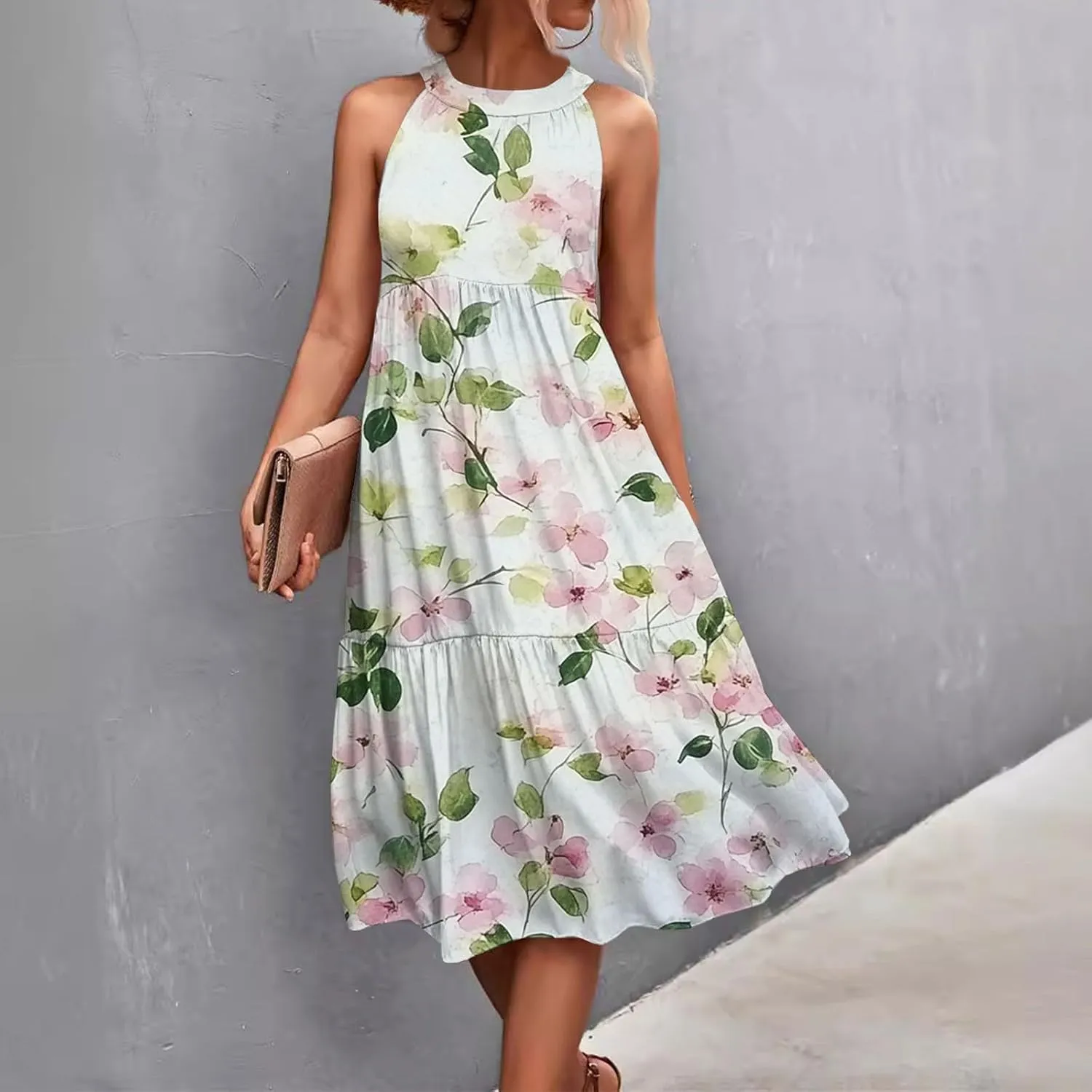 Azeralia Womens Spring Summer 2025 Sleeveless Casual Hanging Neck Beach Dresses Printed Loose Splicing Long Dress