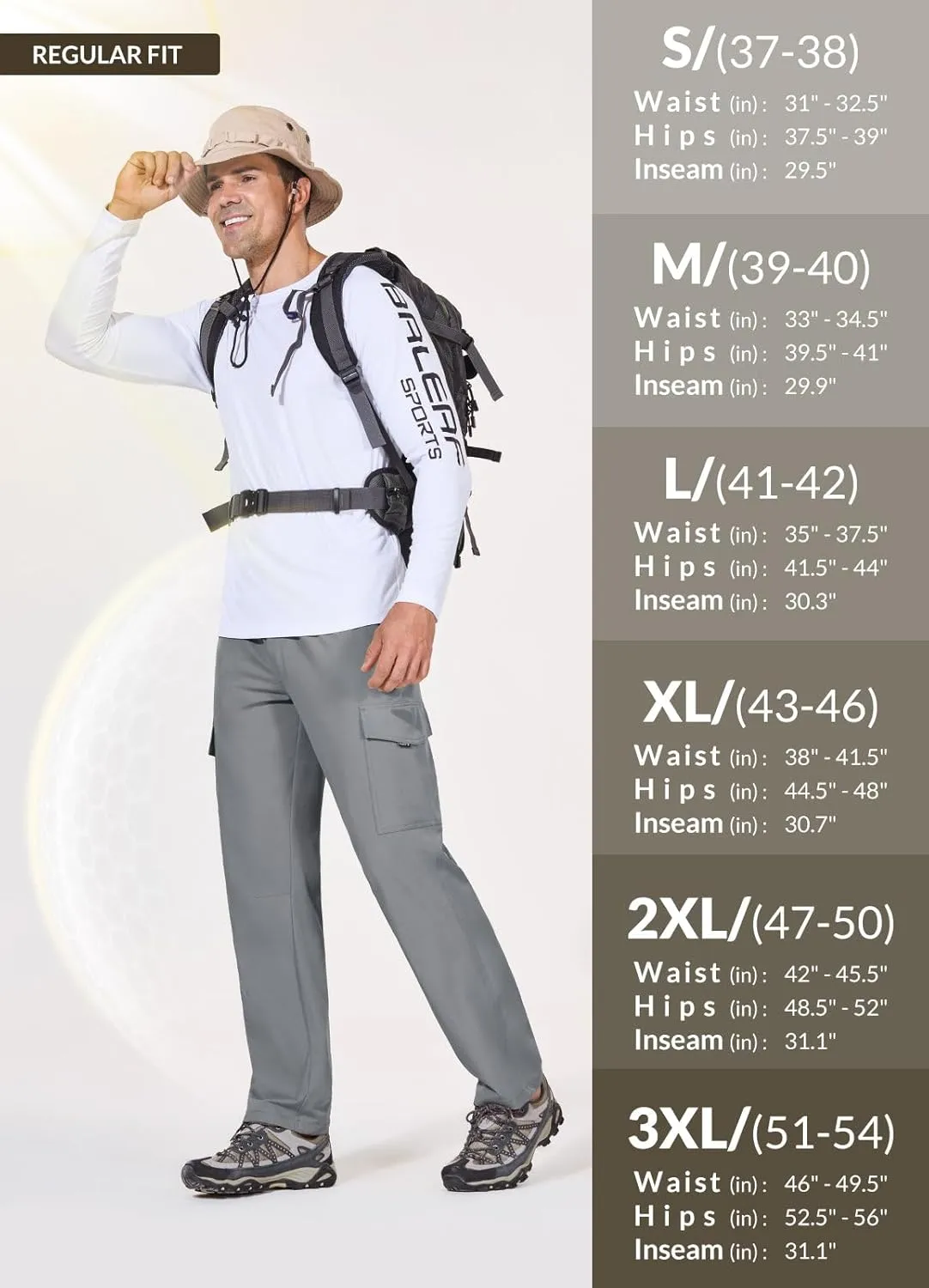 baleaf Men's Hiking Pants Water Resistant Cargo Quick Dry Travel Elastic Waist with Zip Pockets UPF 50  for Work Running