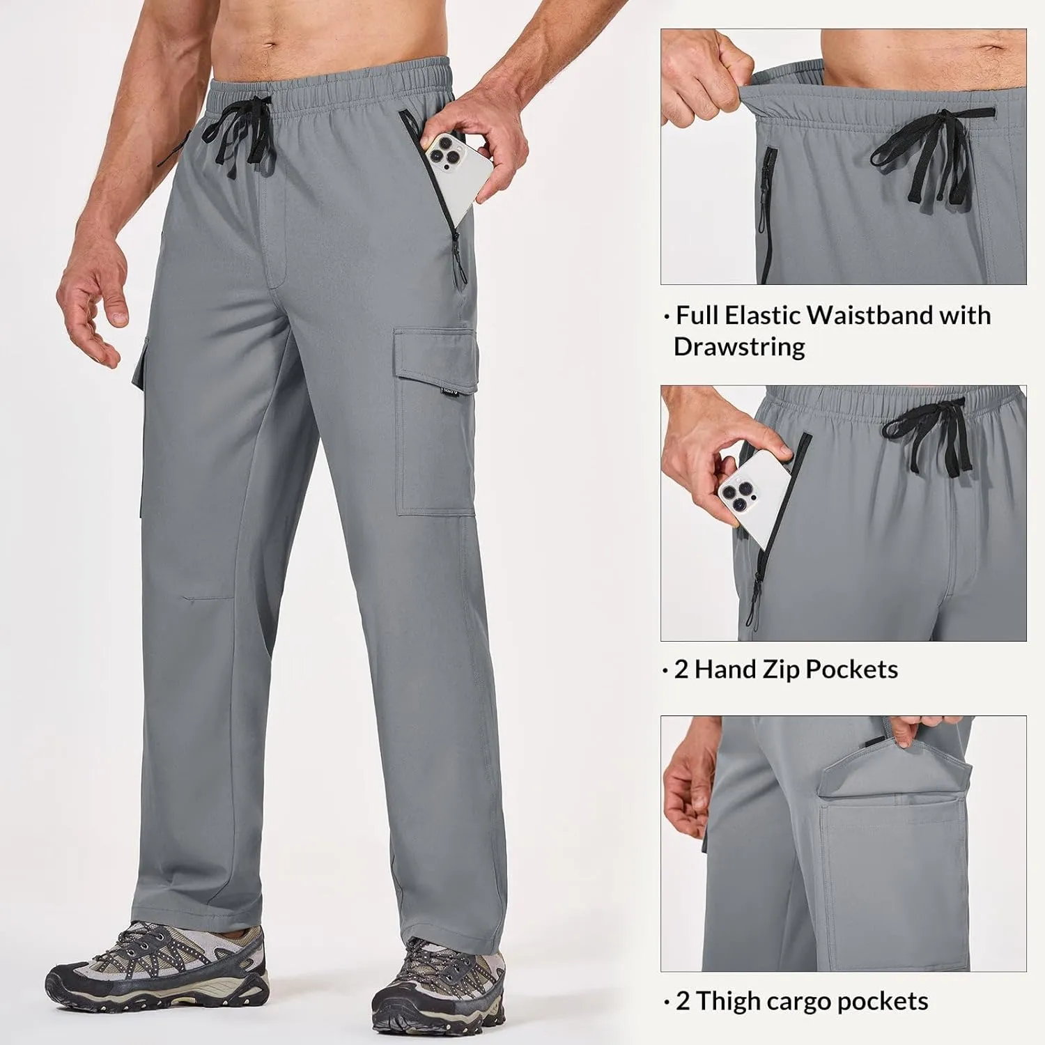 baleaf Men's Hiking Pants Water Resistant Cargo Quick Dry Travel Elastic Waist with Zip Pockets UPF 50  for Work Running